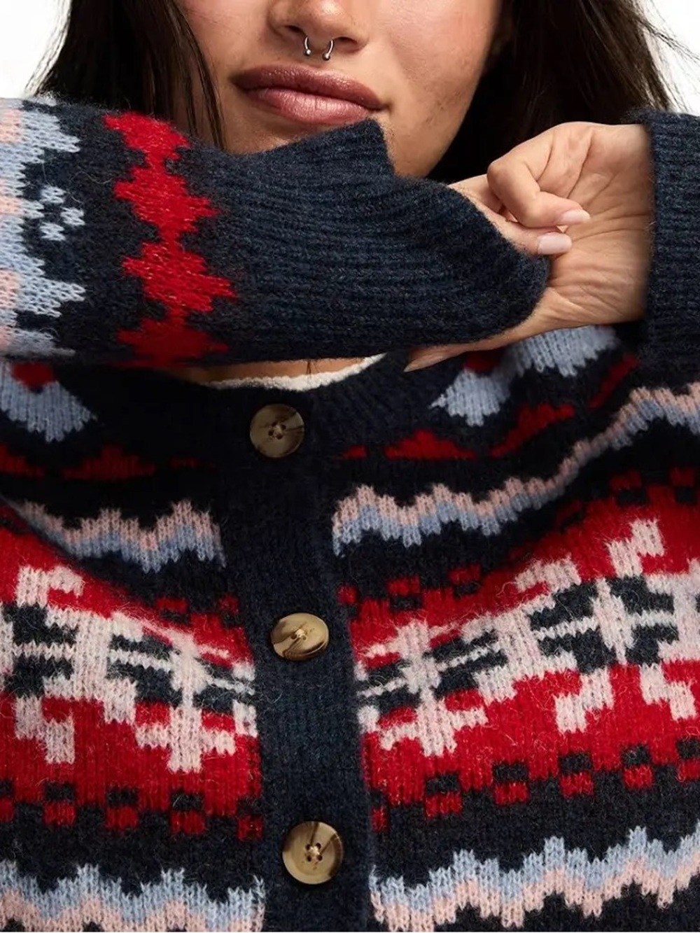 Lucky Brand Navy Fair Isle Button-Front Cardigan with Red and Light Blue NWT - Picture 3 of 11